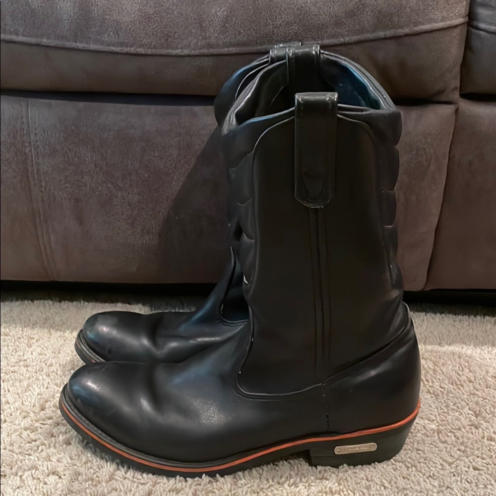 Harley-Davidson Black Leather Pull-On Men's Boots with Orange Trim - Picture 2 of 16